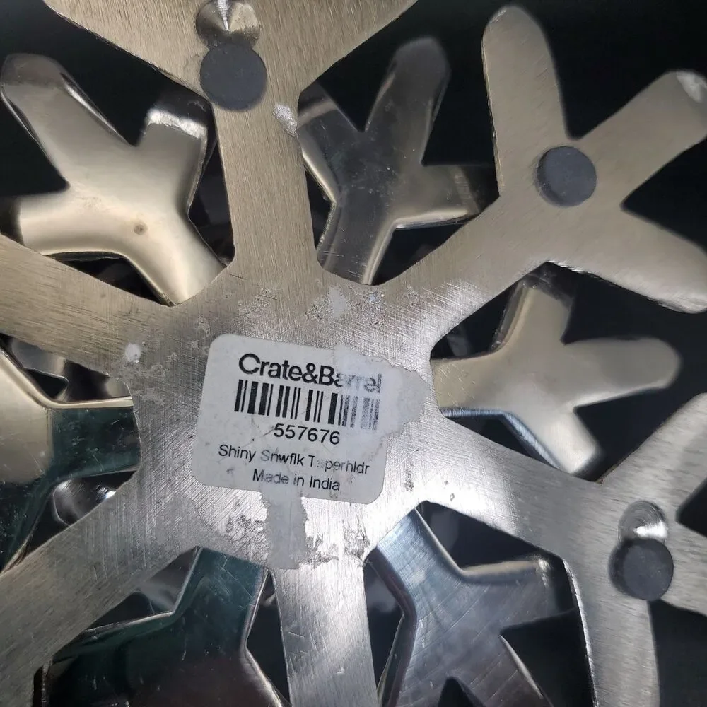 Crate & Barrel Silver Snowflake Taper Candle Holder Shiny Metal Decor